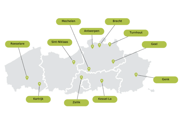 Kaart van Vlaanderen en Brussel waarop de kantoren van absoluut vzw staan aangeduid: Roeselare, Kortrijk, Sint-Niklaas, Mechelen, Antwerpen, Brecht, Turnhout, Geel, Genk, Zellik en Kessel-Lo.